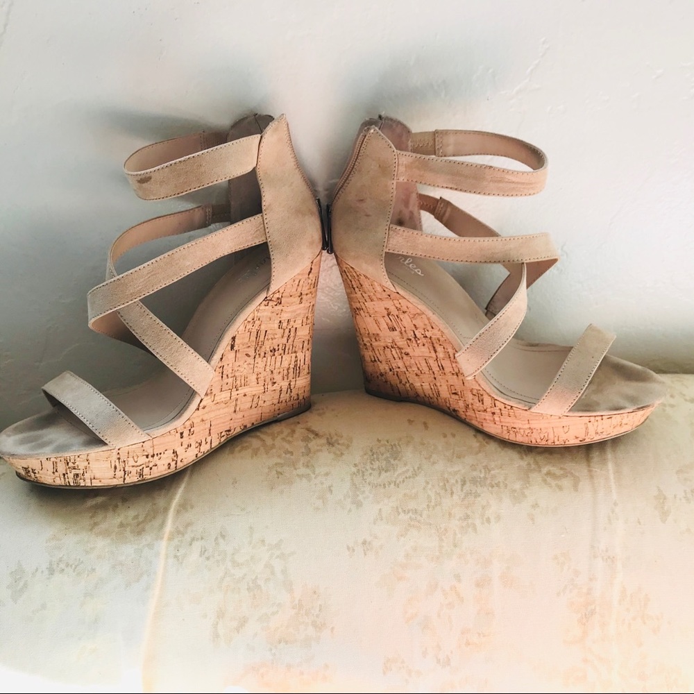 Nude suede cork wedges